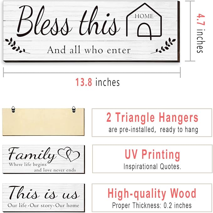 4 Pieces Wooden Home Wall Art Decor, Rustic, Farmhouse THIS IS US/TOGETHER/BLESS THIS HOME/FAMILY Decor Signs For Living Room Bedroom, 4.7 x 13.8 Inch(White)