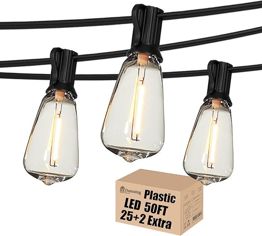 DAMAING Outdoor String Lights 50 FT Waterproof Patio Light String Lights with 27 ST38 Vintage Shatterproof LED Edison Bulbs,Retro Connectable Bistro Lights for Backyard Gazebo Balcony.