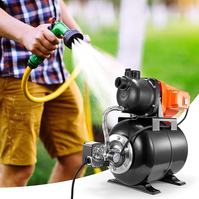 VEVOR 1 HP Shallow Well Pump with Pressure Tank, 1000 GPH/3700 L/H, Automatic Irrigation Water Booster Pump with 164 ft Lift 20/40 PSI Pressure Switch, Thermoplastic Pump Head for Home Garden Lawn
