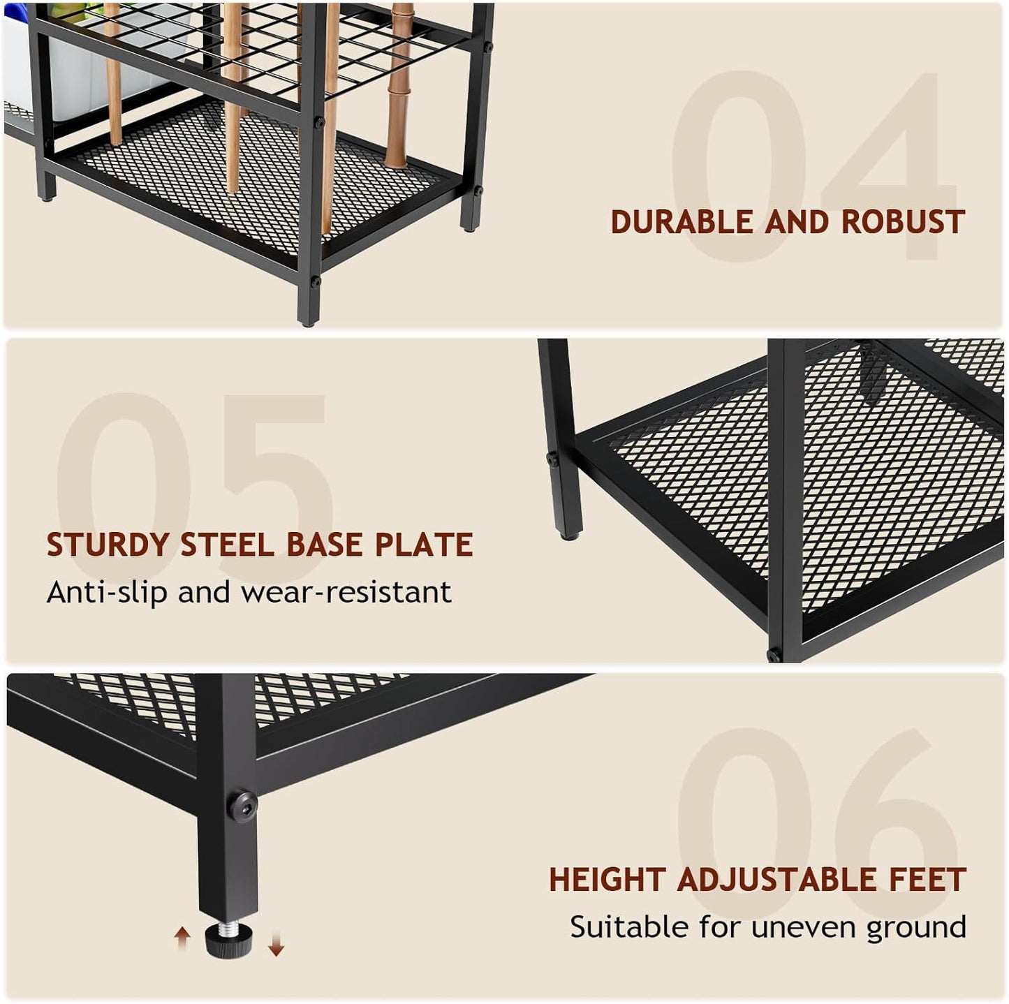 Garden Garage Tool Organizer - with 3-tier Shelves, Yard Tool Organizer for Garage with 4 Hooks, Heavy duty Steel Garden Tool Rack Holds up to 48 Long Handled Yard tools for Storage