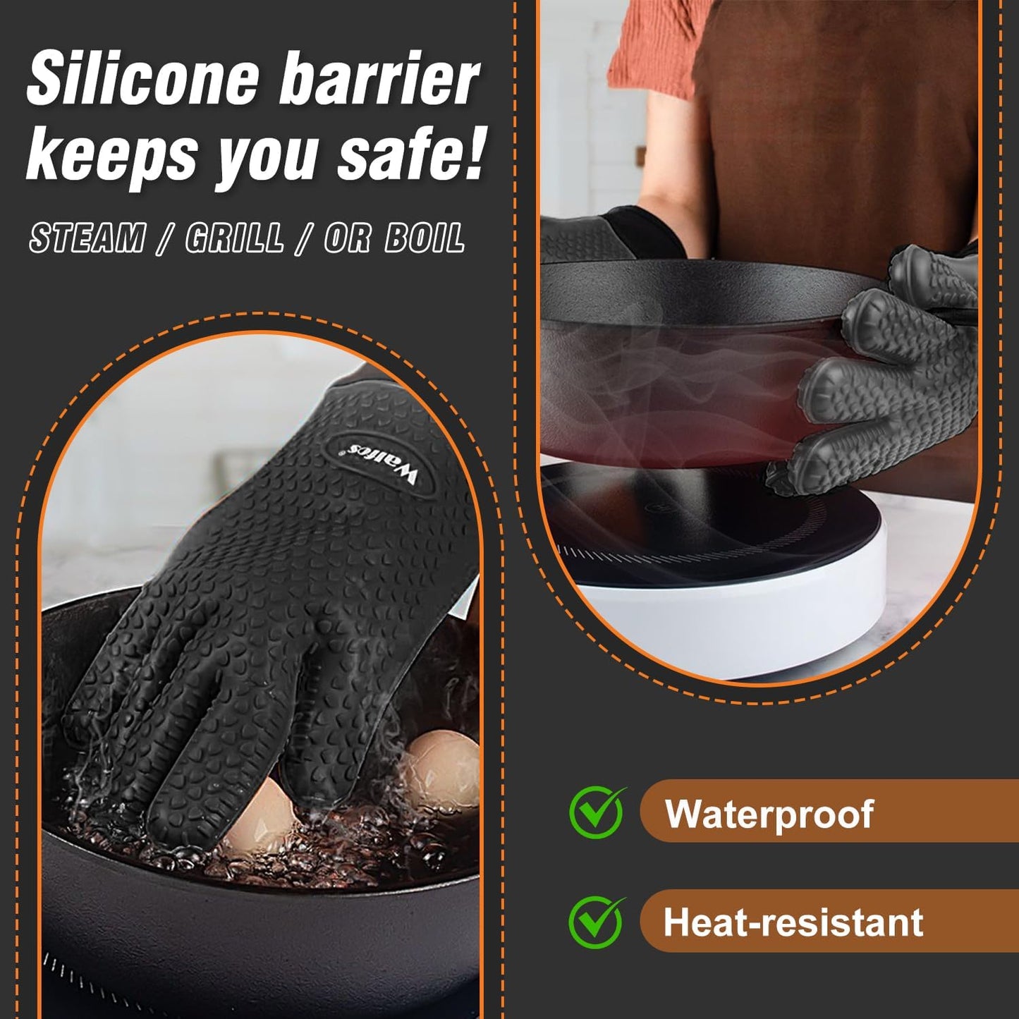 Walfos Silicone BBQ Gloves - Heat Resistant Grilling Gloves, Premium Non-Slip Kitchen Silicone Oven Mitt With Protective Cotton Layer Inside, Waterproof, Great for Grilling, Kitchen and Cooking, Black