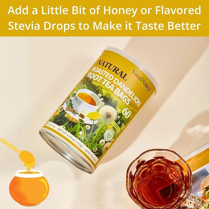 60 Roasted Dandelion Root Tea Bags, 2g/Bags, VitalForest Natural Detox Dandelion Tea, Dried Dandelion Root Coffee Substitute, Diente De Leon, Caffeine Free, Canister Packaged