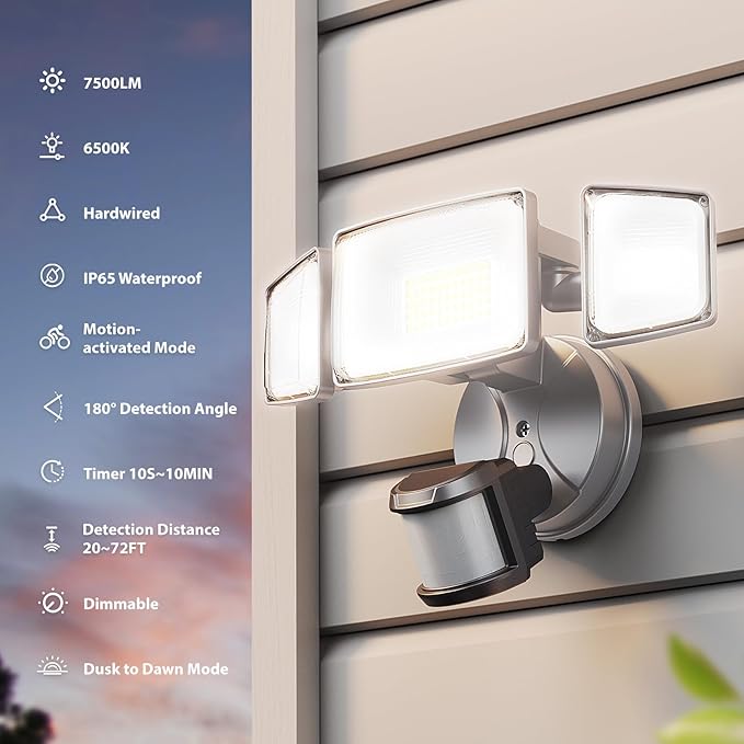 Onforu 75W LED Motion Sensor Outdoor Lights, Dusk to Dawn Flood Light Outdoor Motion Sensor, Hardwired Security Light Floodlights Outside 7500LM 6500K Daylight IP65 Waterproof (Gray)