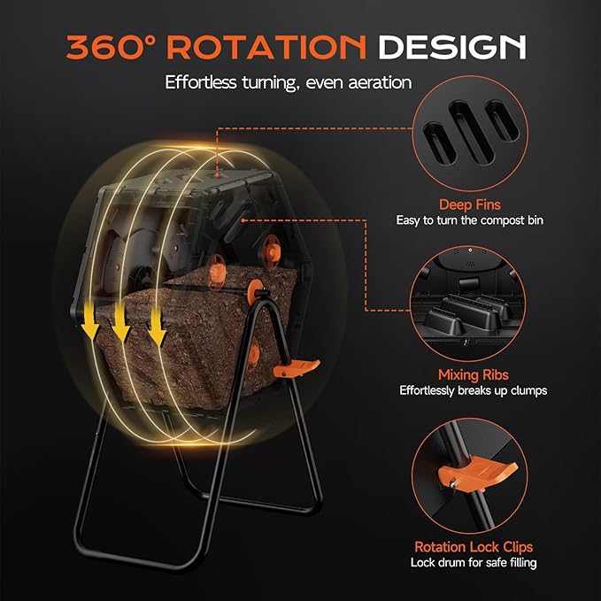 Compost Bin Outdoor 22.5 Gallon, Easy Assemble Composter Tumbler, 360°Rotating Garden Compost Bin for Fast Composting, Tumbling Composter for Outside, Backyard, and Yard