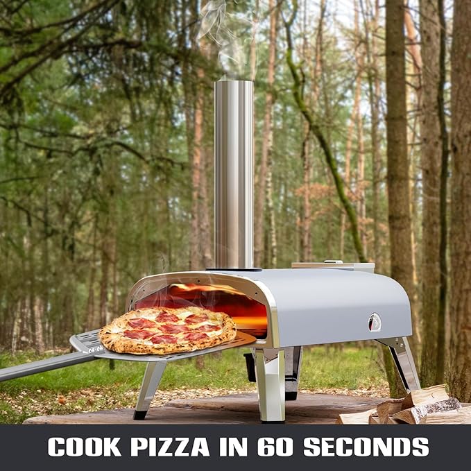 Outdoor Pizza Oven 12" Wood Pellet Pizza ovens With Rotatable Round Pizza Stone Portable Wood Fired with Built-in Thermometer Pizza Stove for Outside Backyard Camping Picnics (Grey-revolving)
