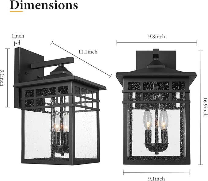 Outdoor Light Fixture Wall Mount, Black Exterior Light Fixture Wall Sconces with Seeded Glass for Front Porch, Large Waterproof Outdoor Square Wall Lantern Outside for House Doorway