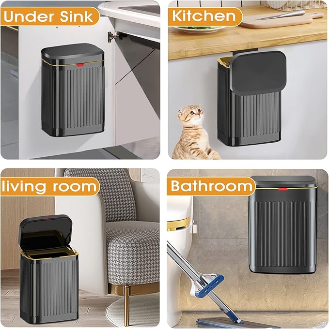 GloDeals Kitchen Hanging Trash Can with Lid, 2.1Gal/ 8L Stainless Steel Trash Can Compost Bin Counter Top, Wall-Mount Indoor Kitchen Trash Bin for Cabinet, Under Sink, Bathroom (Black)