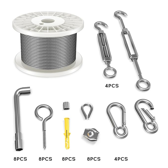 1/8" Wire Rope Kit, 100FT Steel Wire Cable, Vinyl Coated Stainless Steel Cable with Turnbuckles for Outdoor, Garden, Kitchen and Craft Projects