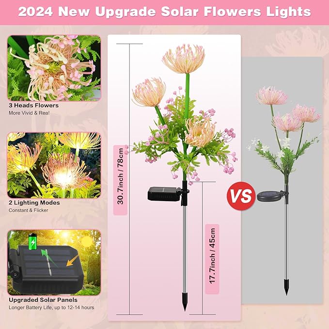 Solar Garden Lights Outdoor, 6 Pack Solar Flowers Lights,18 Head Waterproof Flower with Glowing Stems, Solar Lights Outdoor for Yard, Pathway, Garden Decor & Gardening Gift