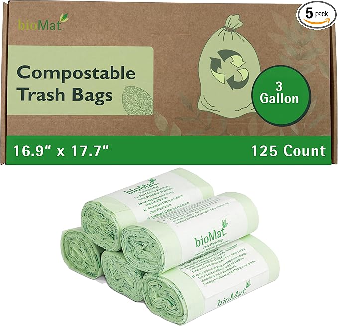 bioMat 3 Gallon Compost Bags, 125 Count, Compostable Trash Bags for Kitchen Compost Bin, BPI ASTM D6400 and CMA Certified Biodegradable Trash Bags