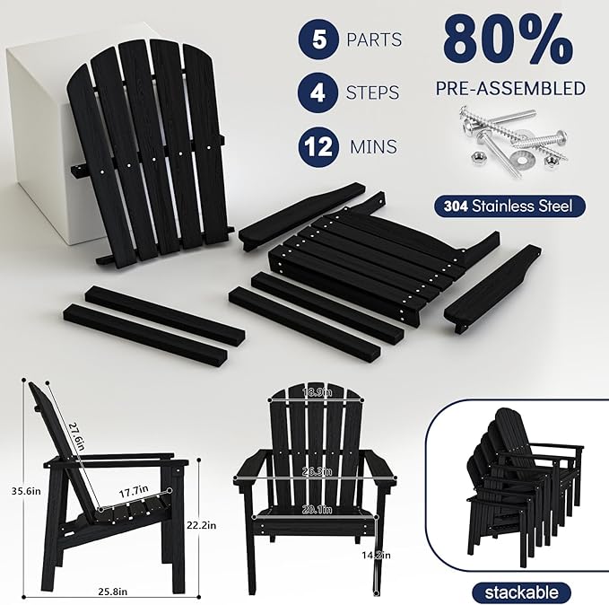 Stackable Adirondack Chair Set of 2, HDPE Outdoor Patio Chair - Durable and Space Saving, Suitable for Porches, Lawns or Garden, Black
