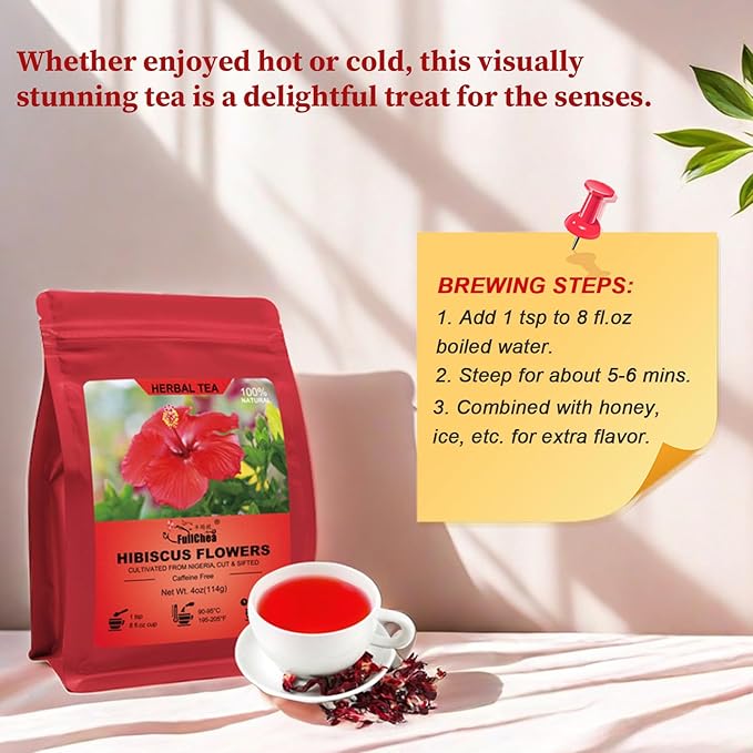 FullChea- Hibiscus Flowers, 4oz/114g, Cut & Sifted - Dried Hibiscus Tea Loose Leaf - Flor de Jamaica - Non-GMO - Caffeine-free - Support Digestion