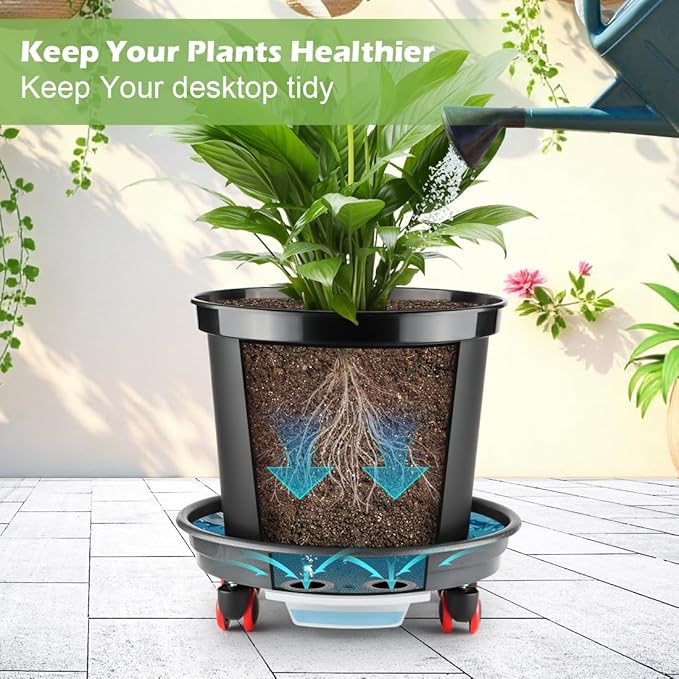 3-Pack Jumbo 15.7 Inch Planters with Rolling Saucers & Drainage – Large Flower Pots for Indoor/Outdoor, Heavy-Duty Moving Trays, Fits Tall Plants (Set of 3, Black)