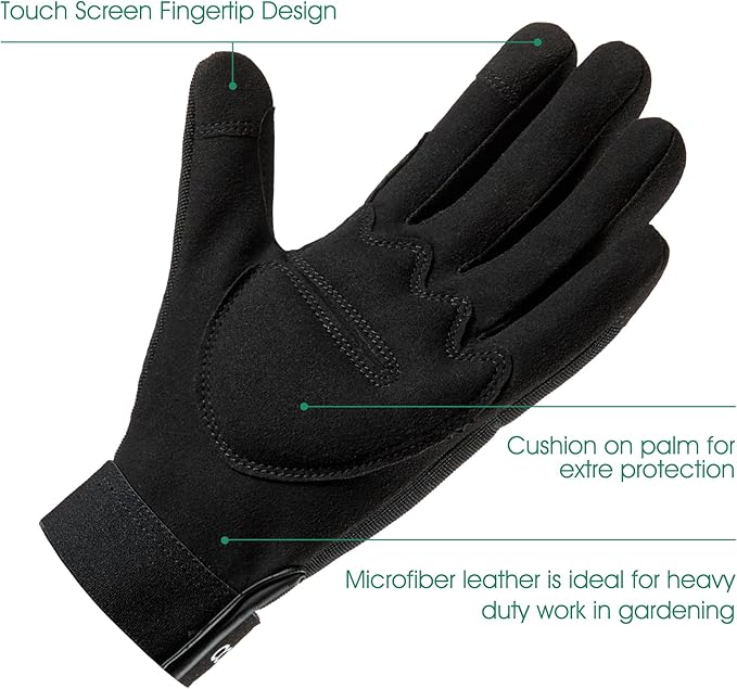 COOLJOB Thorn Proof Garden Gloves with Touchscreen Fingers for Men, Rose Pruning Work Gloves with Palm Cushion for Gardener, Farmer and Landscaper (Black 1 Pair Large)