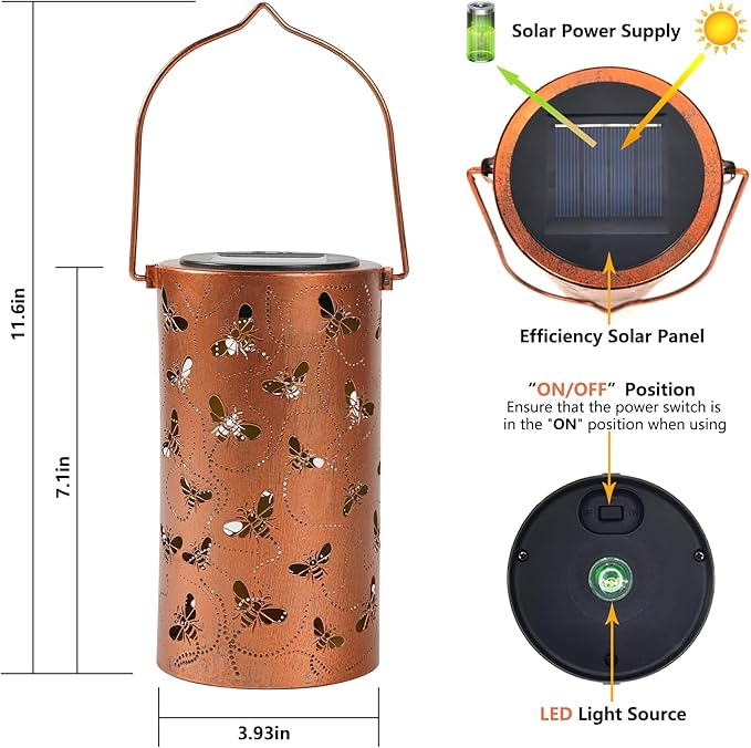 Solar Honeybee Lanterns Outdoor Hanging Decor Lantern,Waterproof Hollow Out Retro Metal Decorative Garden Light,Graceful Decoration for Patio,Yard,Landscape,Walkway,Festival