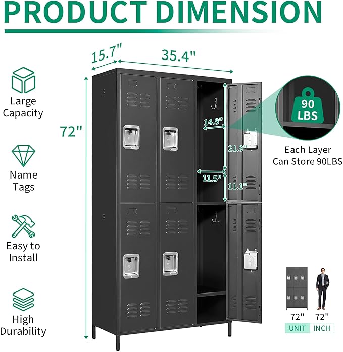 Metal Lockers for Employees, Storage Employee Locker, 72" Storage Lockers with Shelves Steel Cabinet for Home (Black, 6 door-72'')