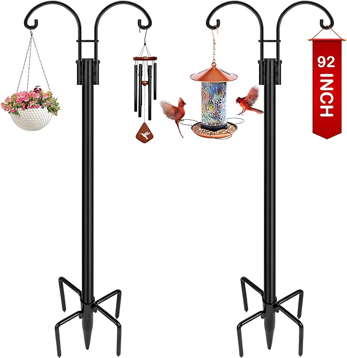 XDW-GIFTS Double Shepherds Hooks for Outdoor, 2-Pack Heavy Duty Garden Pole for Hanging Bird Feeder, Plant Baskets, Solar Light Lanterns, Garden Plant Hanger Stands with 5 Base Prongs