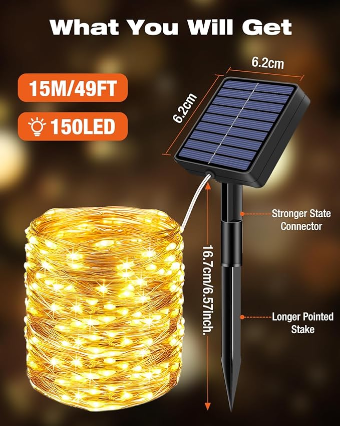 1 Pack Solar Fairy Lights for Outside Waterproof, 49FT/15M 150LED Solar String Lights Outdoor 8 Modes Solar Twinkle Lights for Garden Yard Christmas Tree Wedding Party Decor, Warm White