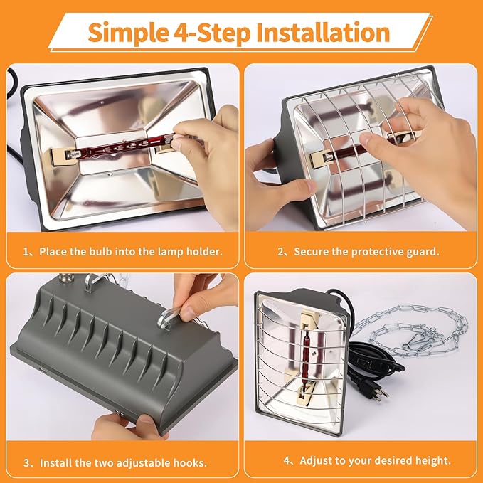 Chicken Coop Heating Lamp 2pack, 250W Brooder Heater with Guard,Waterproof Ceramic Joint Heat Lamp Bulb,Adjustable Temperature(175W/250W) and Height,Suitable for Poultry, Livestock & Small Pets