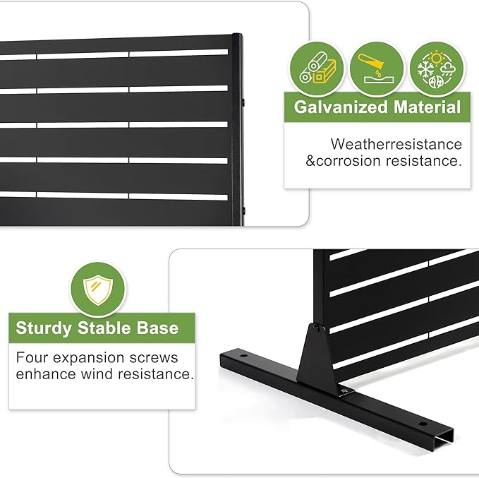 FENCY Metal Privacy Screen with Stand 72" H×44" W Outdoor Freestanding Privacy Panels, Outdoor Privacy Screen for Deck Patio Balcony(Black-Louvered)