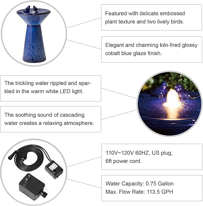 Glitzhome 27.5"H Outdoor Garden Water Fountain with LED Lights and Pump, Cobalt Blue Two Birds Embossed Plant Pattern Pedestal Ceramic Floor-Standing Fountain for Porch Deck Patio Backyard Decoration