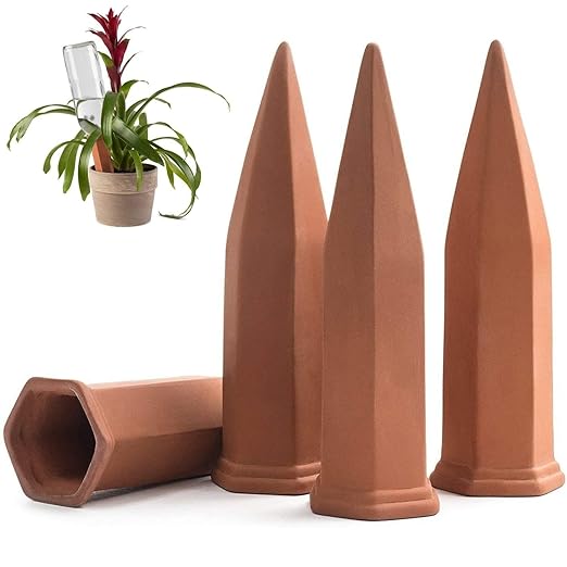 Plant Self-Watering Stakes for Indoor Outdoor Plants (4 Count) Terracotta Plant Watering Spikes for Recycled Wine Bottles to Water Plant at Home or on Vacation - Automatic Irrigation System for Plants
