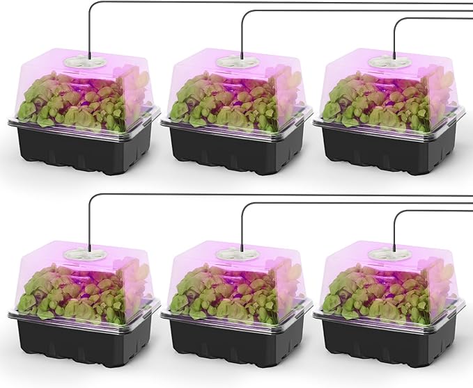 MIXC 6-Pack Seed Starter Tray Kit with Plant Light Seedling Trays with Adjustable Humidity Domes & Clear Cell Trays 12 Full Spectrum LED Beads for Indoor Plant Growth(Black)