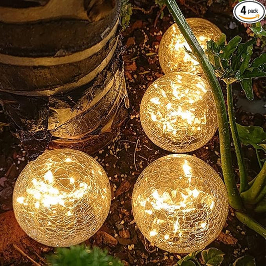 TOMEX 4 Pack Solar Garden Lights, Cracked Glass Ball Waterproof Warm White LED for Outdoor Decor Decorations Pathway Patio Yard Lawn, 4 Pack (4.7")