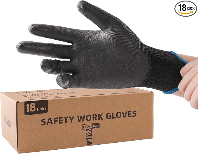 LANON Safety Work Gloves for Men and Women, 18 Pairs Mechanic Black Working Gloves with Grip Odorless PU Coated, Seamless Knit, Full Fingertip Touchscreen for Light Duty Working Gloves, Medium