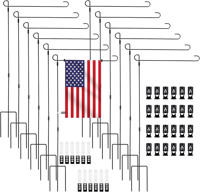 Therwen 12 Pack Garden Flag Stand 36.2 x 16.5 Yard Flag Holder Heavy Duty, with 3 Prong Base, Decorations,with Clip Spring Stoppers for Outdoor Garden Yard Lawn
