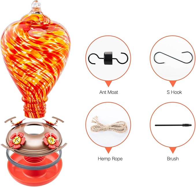 Muse Garden Hummingbird Feeders for Outdoors Hanging, Blown Glass Hummingbird Feeder, Hummingbird Gifts for Mom, Garden Backyard Decor for Outside, Unique Gifts Idea for Women, 34OZ, Daylight