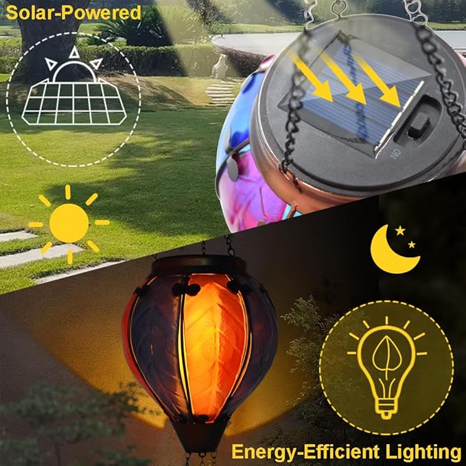 Hot Air Balloon Solar Lantern with Flickering Flame Hanging Solar Lanterns Outdoor Lights Waterproof Lanterns Decorative Garden Patio Yard Party Decor Rose Red&Blue