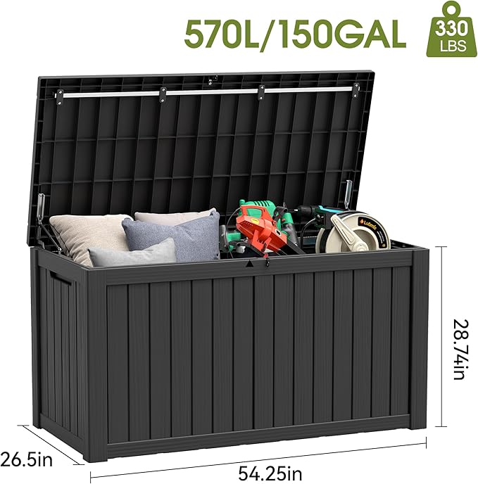 NUNU LAB 150 Gallon Outdoor Storage Box,Resin Large Sturdy Deck Box, Backyard Outside Storage Box Waterproof with Double Wall Panels,Package Delivery Garden Outdoor Hose Storage Bin