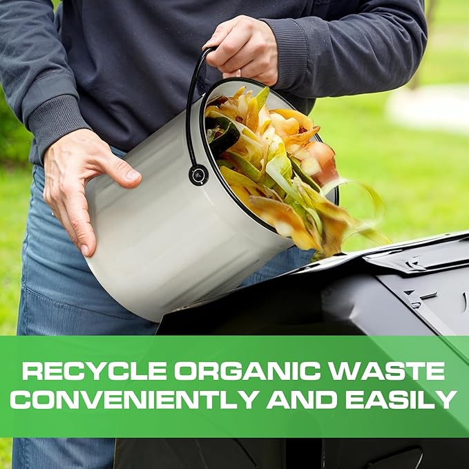 Plexon Countertop Compost Bin Kitchen Indoor with Lid, Off-White 1.5 Gallon Odorless Container, Steel Food Compost Bucket for Kitchen with Charcoal Filter, Compost Pail Countertop