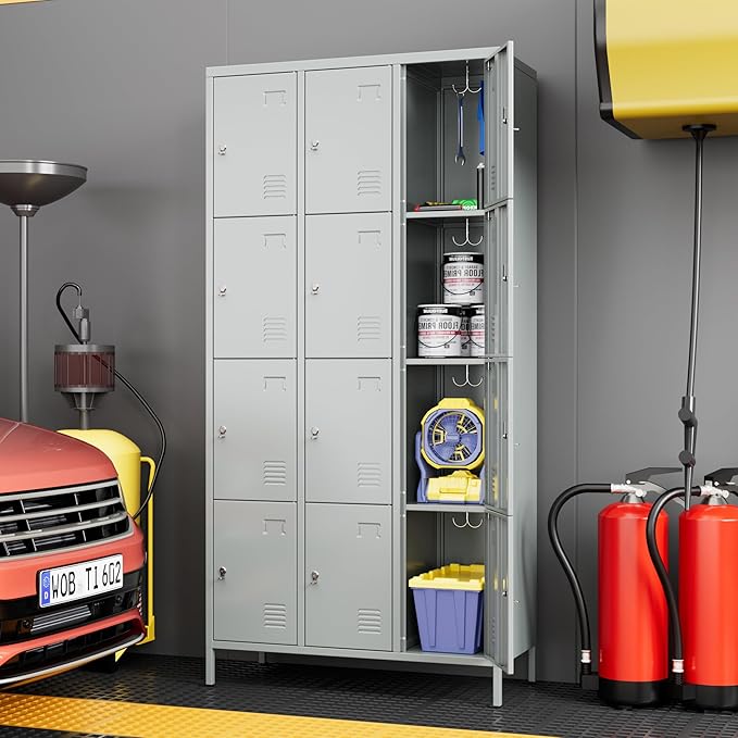 12 Doors Metal Storage Locker, 72" H Employees Lockers Storage Cabinet with 12 Hooks for Home, Office, Gym, School, Assembly Required, Light Gray