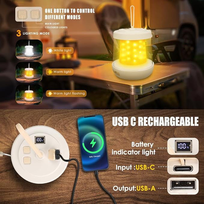 UniqueFire Portable 2-in-1 Camping Lantern & String Lights, Rechargeable LED Tent Lantern with RGB String Lights for Camping, Party, Garden & Yard Outdoor Decoration
