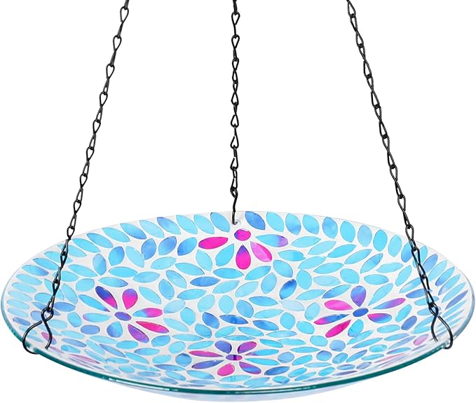 VCUTEKA Hanging Bird Bath, Glass Mosaic Bird Baths for Outdoors Birdfeeder with 21 inch Rust-Proof Chain for Garden Yard Decor, Flower