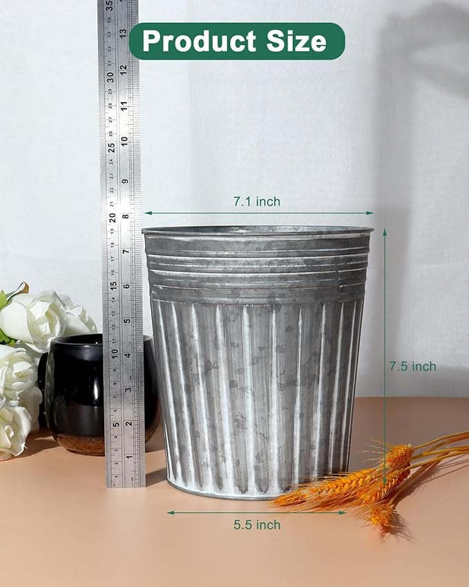 vensovo 7 Inches Silver Metal Rustic Flower Pots - 6 Pcs Medium Galvanized Planters with Drainage Hole and Rubber Plug, Rustproof Tin Bucket Plant Pot Farmhouse Vintage Style for Decor