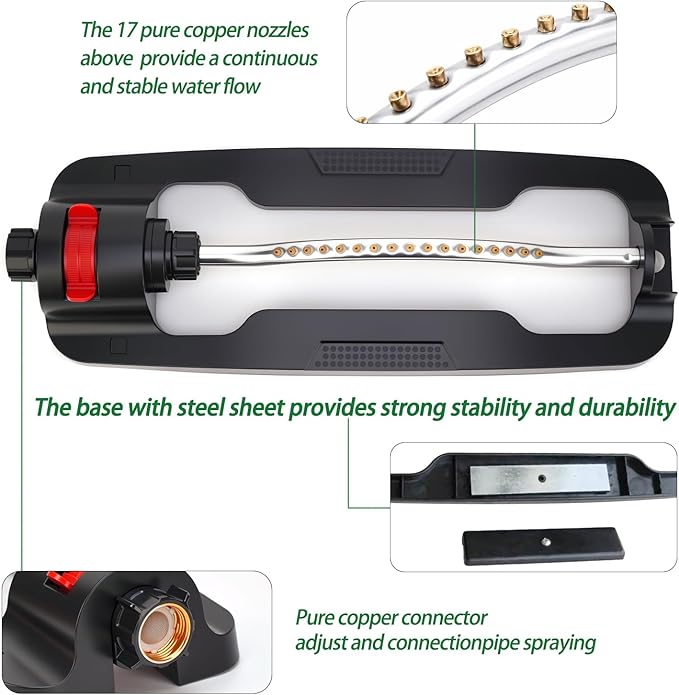 Lawn Sprinkler,Garden Oscillating Sprinkler,17 Brass Nozzles,Heavy Weight Thick and Sturdy Plastics Base with Metal Blocks,Up to 3600 Square Feet,Stable and Durable.
