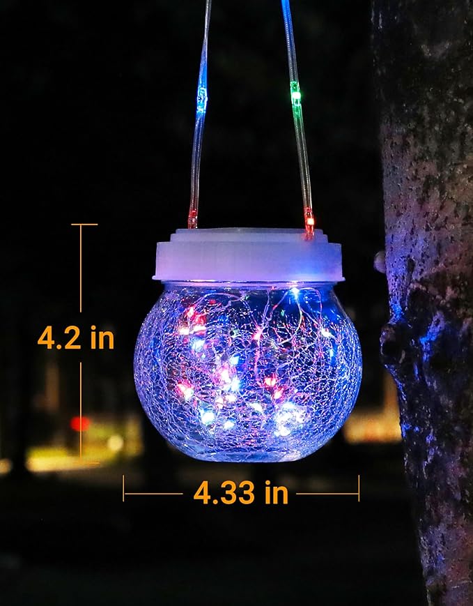 Solar Lantern Solar Lights Outdoor Waterproof 6-Pack, Solar Powered Hanging Lights Cracked Glass Hanging Globes for Christmas Decoration, Shepherd Hook, Garden Tree Ornaments,White Cap, Multi-Color