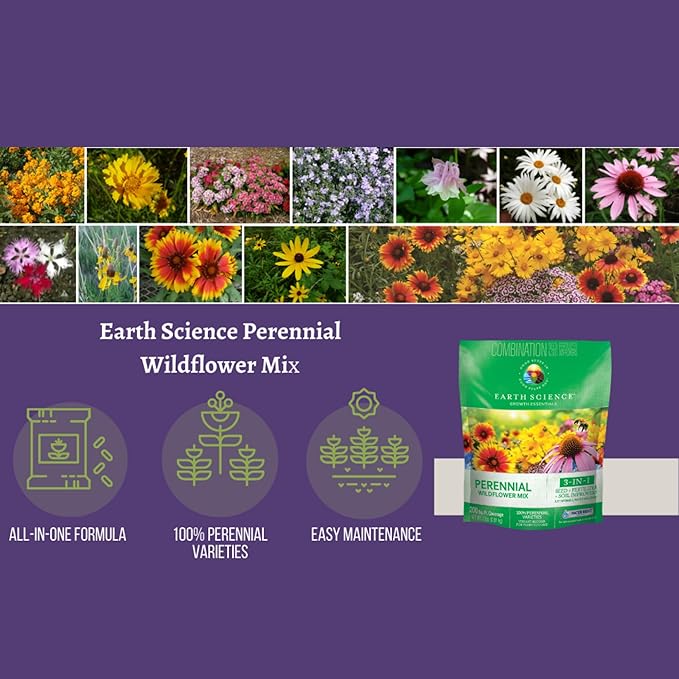 Earth Science Perennial Wildflower Mix - 3-in-1 Formula with Premium Wildflower Seeds—6 lb— Plant Food and Soil Conditioners - Non-GMO, Natural Ingredients