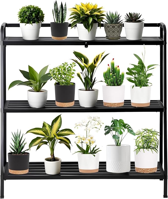 Versatile 3-Tier Metal Plant Stand, Waterproof and Rust-resistant, Heavy-duty Flower Pot Holder for Indoor/Outdoor Use - Adds Elegance to Garden and Home Decor, Black