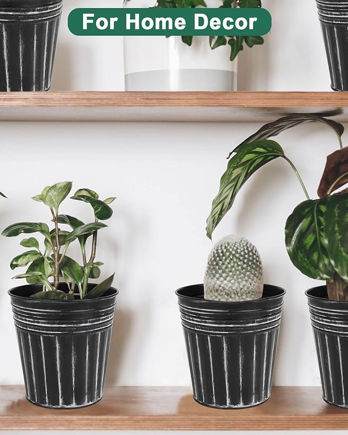 vensovo 6 Inch Black Metal Rustic Flower Pots - 6Pcs Galvanized Planters with Drainage Hole and Rubber Plug, Rustproof Metal Bucket Plant Pots Farmhouse Vintage Style for Decor