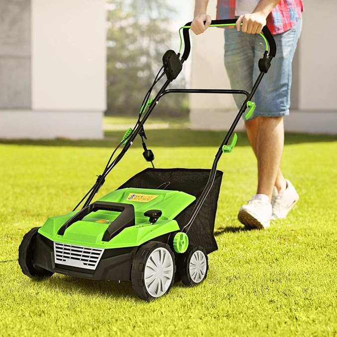 Goplus 2-in-1 Electric Corded Lawn Dethatcher with 5 Cutting Heights, 15-Inch 13 Amp Electric Scarifier w/ 13.5 Gallon Collection Bag, 2 Removable Blades for Garden Yard