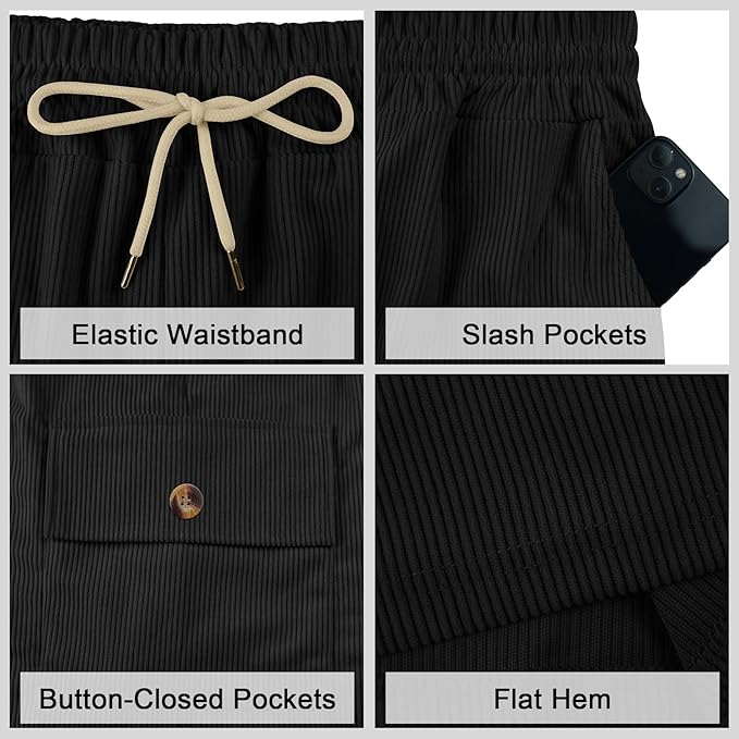 Mens Cargo Shorts Casual Drawstring Elastic Waist Corduroy Summer Beach Shorts with Pockets