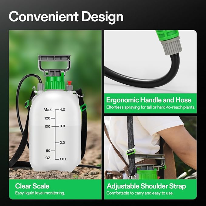 VIVOSUN Pump Sprayer 1 Gallon, Portable Water Spray Bottle in Lawn and Garden Yard, Weed Sprayer for Plants with 3 Nozzles, Adjustable Shoulder Strap, Pressure Relief Valve
