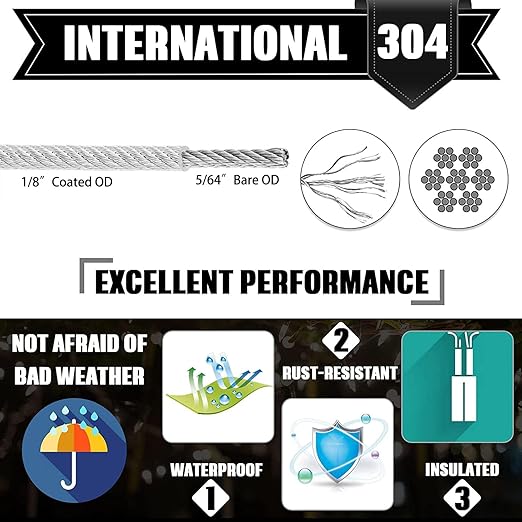 1/8" Stainless Steel Cable,1/8" Wire Rope,M5 Turnbuckle Kit,165FT Wire Tensioner for String Light Hanging Kit,Aircraft Cable,Guy Wire,Stainless Steel Wire Rope Kit