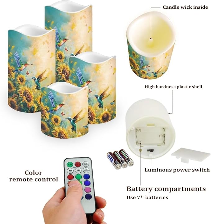 Ystardream Art Sunflower Hummingbird Flameless Candles for Outdoor Indoor Color Changing LED Candles with Remote Timer Battery Operated Candles for Valentines Wedding Home Decoration Gifts