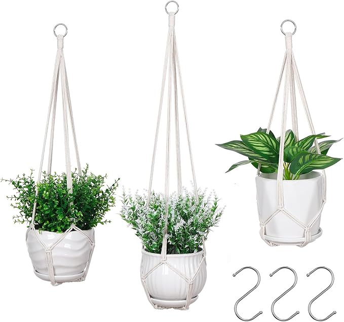 YIBOT 3 Pack Macrame Plant Hanger Indoor Hanging Planter Basket with 3 Hooks, 35"/29"/23" Crochet Plant Holder Stand No Tassels for Indoor Outdoor Boho Home Decor, Ivory (POTS NOT Included)