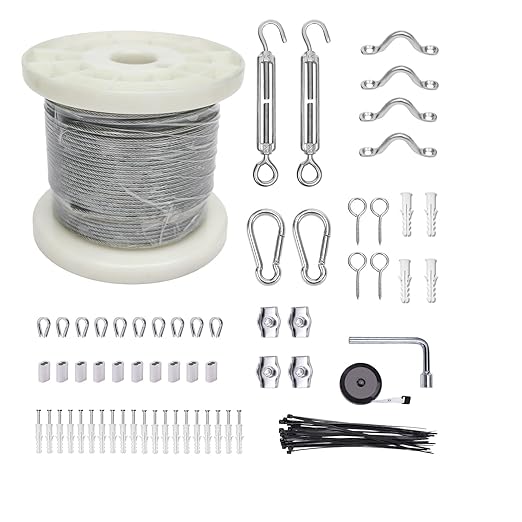 5/32" Wire Cable Rope Kit ，Vinyl Coated 304 Stainless Steel Wire – 100FT 7x7 Strand Cable with Turnbuckles，String Lights Hanging Kit for Outdoor, Garden,Patio, Crafts, Hanging Lights